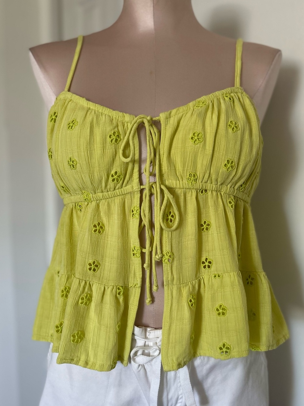 American Eagle Outfitters Lime Yellow Eyelet Tie-Front Spaghetti Strap Camisole